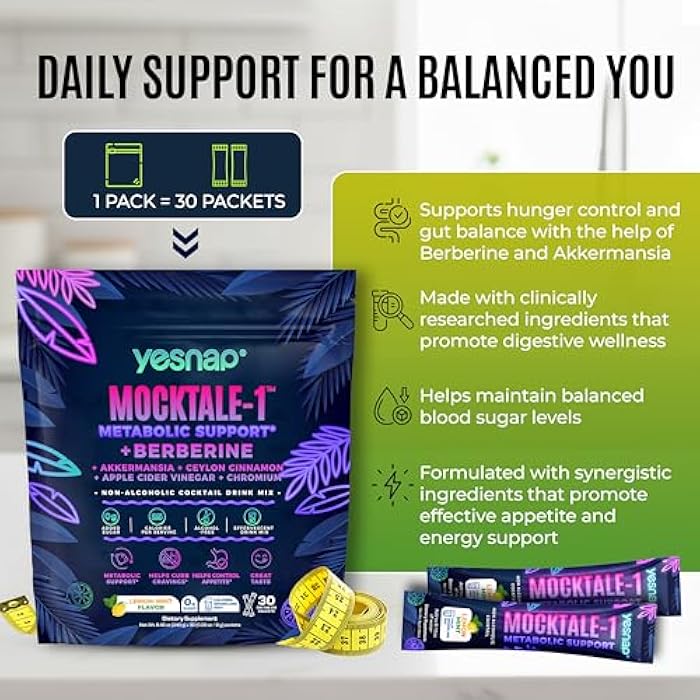 MOCKTALE-1 Metabolic Weight Management Support Supplement with Berberine & Akkermansia, Chromium, Ceylon Cinamon, Apple Cider Vinegar Lemon Mint Flavor Non-Alcoholic Cocktail 30 Packets - Image 4