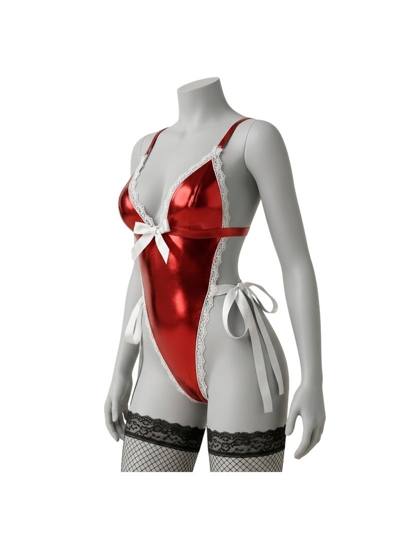 NF22-1097 Glossy Faux Leather and Lace Lingerie Bodysuit - One-Piece Cut-out Design with Wide Satin Bows