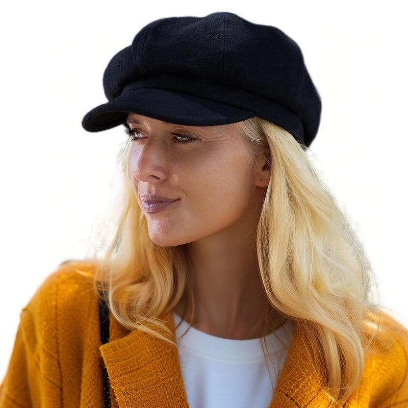 Comhats Winter Newsboy Hat for Women Satin Lined Wool Beret Caps Fashion Warm Brim Cute Visor Ladies Cabbie Pageboy Paperboy Fall Baker Black Medium - Image 1