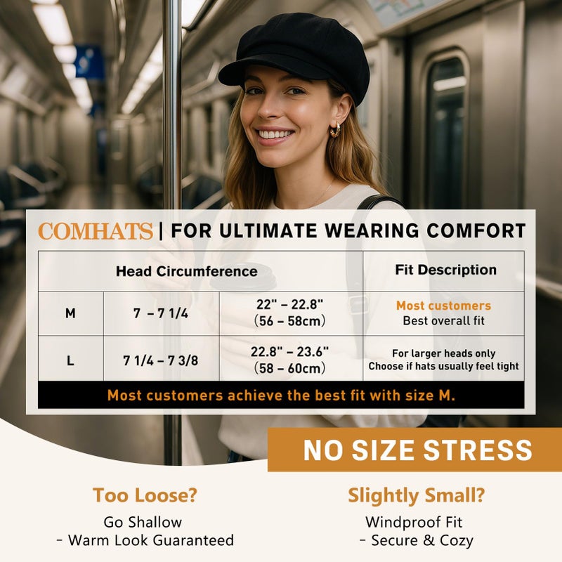 Comhats Winter Newsboy Hat for Women Satin Lined Wool Beret Caps Fashion Warm Brim Cute Visor Ladies Cabbie Pageboy Paperboy Fall Baker Black Medium - Image 5