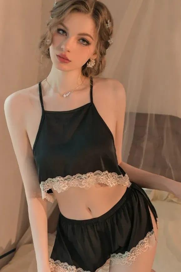 SHOP FRENZY Silk cami Shorts/Pajama Set Nighty Babydoll Chemise with Robe for Bridal Nighty, Honeymoon, Bridal Shower Gift, Best (Free Size) Black - Image 4