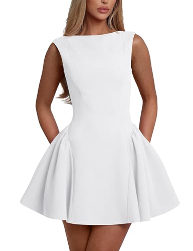 YMDUCH Women's Summer Sleeveless Crew Neck Backless A-line Mini Party Prom Dress White - Image 1