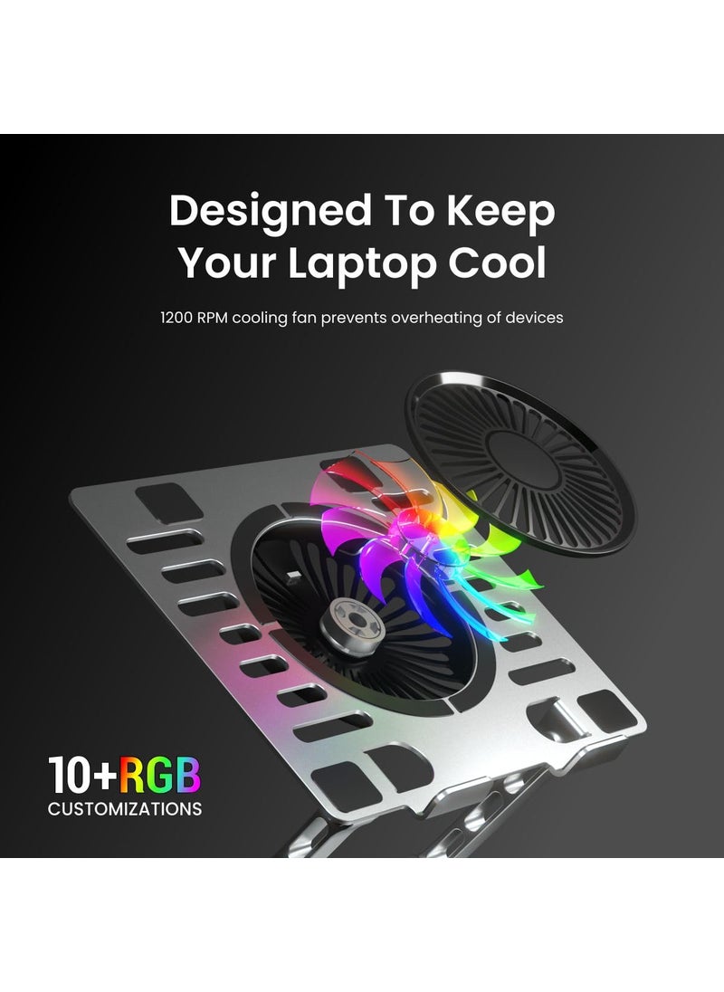 Portronics My Buddy Spinlight Laptop Stand with Cooling Fan 360 Rotating Base Adjustable Height Angle RGB Lights Aluminium Alloy Body for Upto 156 Laptops and Tablets Silver