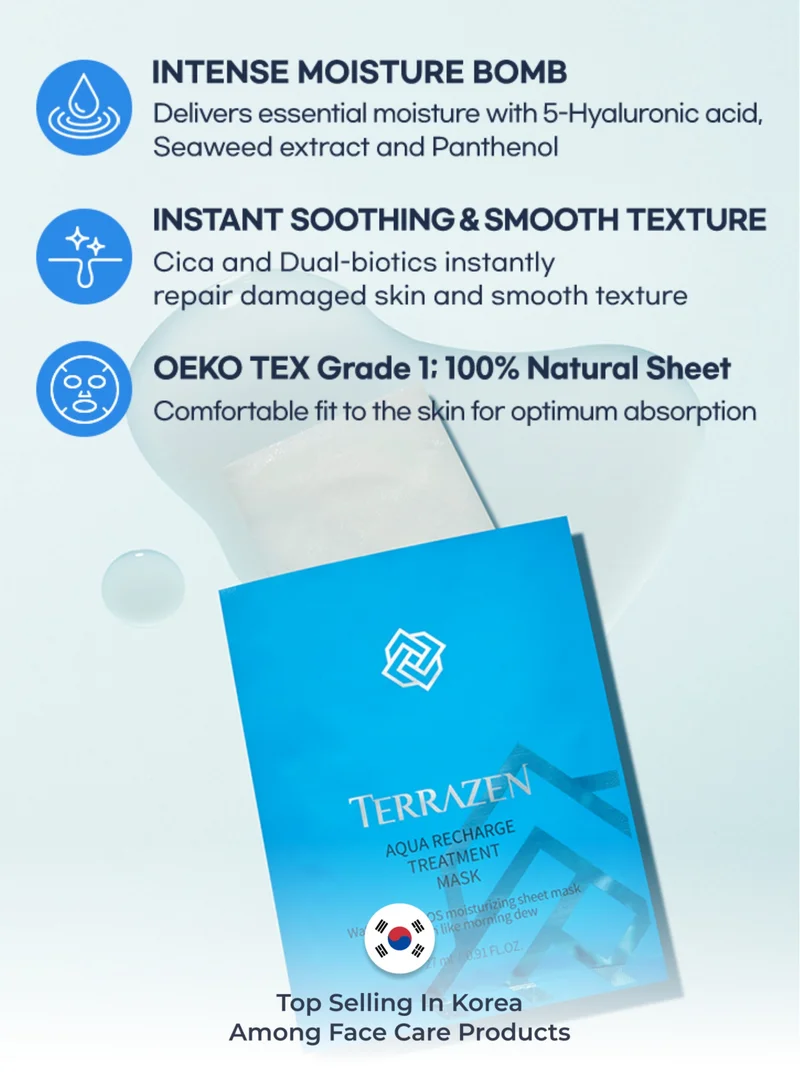 Terrazen Korean AQUA Face Sheet Mask with Hyaluronic Acid - Natural Beauty Skincare For All Skin Types - Hydrating & Moisturizing 10 Sheet Pack