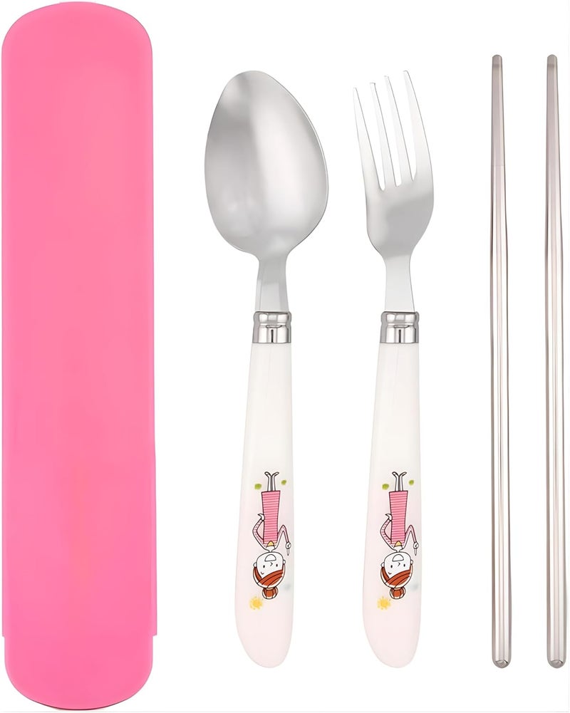 برين جيجلز مجموعة أدوات المائدة للأطفال مع حقيبة، ملعقة وشوكة وعيدان تناول الطعام بحواف مستديرة من الفولاذ المقاوم للصدأ مع مقابض ناعمة، مجموعة أدوات مائدة آمنة من BPA بمقابض محفورة بشخصيات مرحة للأطفال (عبوة من 1، أحمر) - Image 1