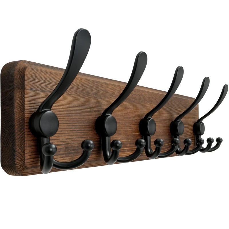 Dseap Coat Rack Wall Mounted - 5 Tri Hooks, Heavy Duty, Wooden Wall Coat Hanger Coat Hook for Clothes Hat Jacket Clothing, Natural & Black - Image 1