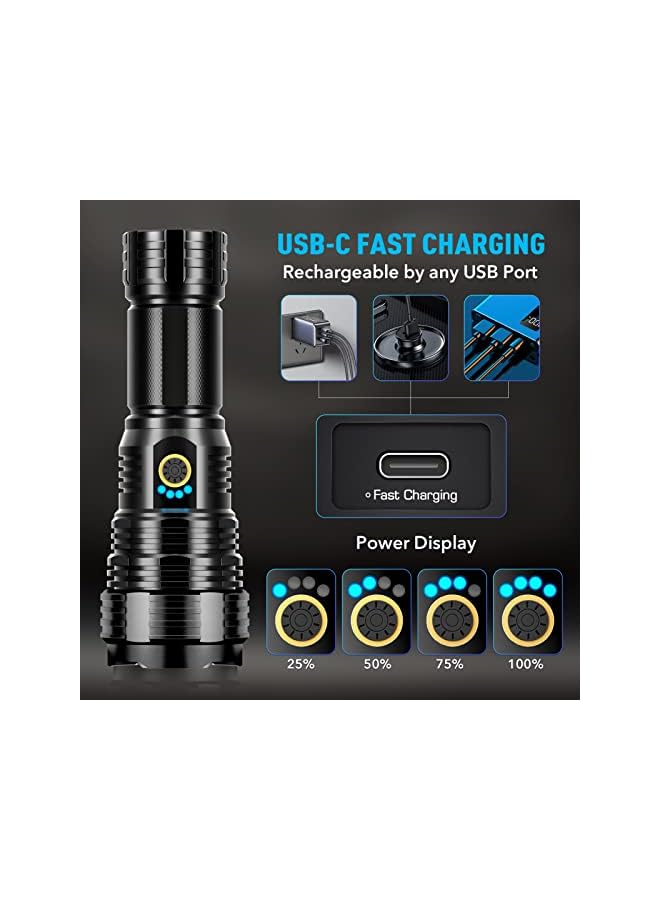 S-TOP Rechargeable Flashlights 900000 High Lumens, High Power Led Flashlight, XHP70.2 Powerful Tactical Flashlight with Zoomable, 5 Modes, IPX7 Waterproof, Flashlight for Camping, Hiking, Emergencies - Image 4