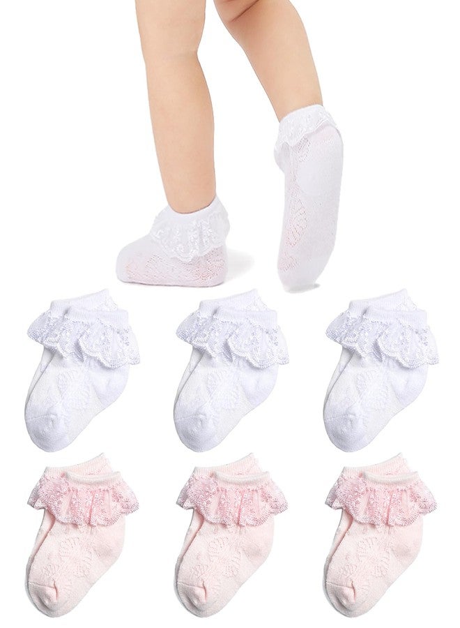 Mini angel Baby Lace Socks Newborn Girls Eyelet Lace Ruffle Frilly Ankle Socks Soft Cotton Dress Socks with Box Gift Set,6 Pairs,White/Pink,0-3 Months