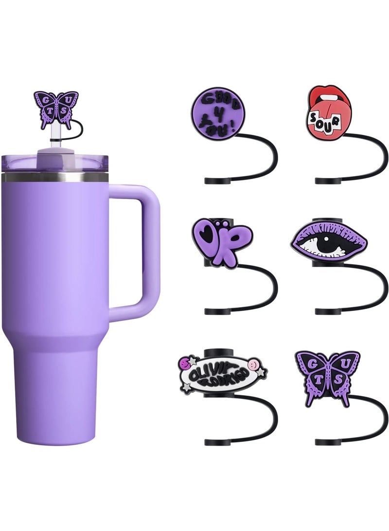 KASTWAVE Silicone Straw Covers, 6Pcs 10mm/0.4in Cute Straw Toppers, for Stanley 30&40 Oz Cup, Dust-Proof Drinking Straw Reusable Straw Tips Lids (Purple) - Image 1