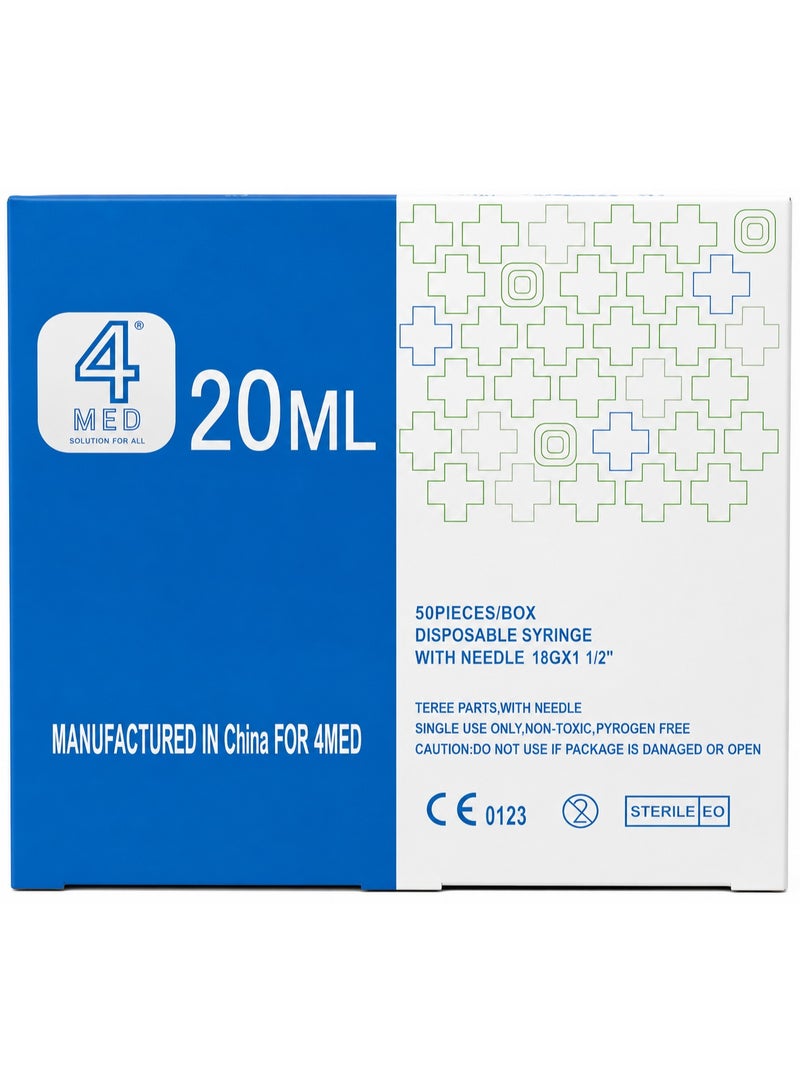 محاقن معقمة سعة 20 مل (مقاس 18G × 1½ بوصة) مع إبر – 50 قطعة