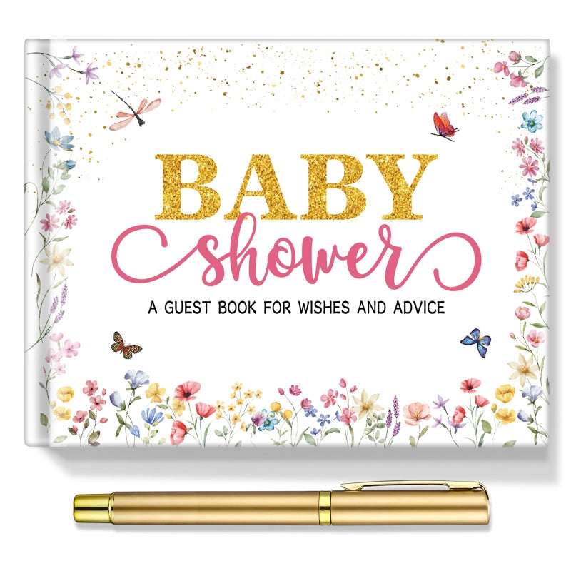 Fuyoooo Wildflower Baby Shower Guest Book Baby Shower Sign In Guest Book Reception With Sonogram Page Keepsake Includes Gold Pen Table Card And Adhesive Photo Corner For Birthday - Image 1