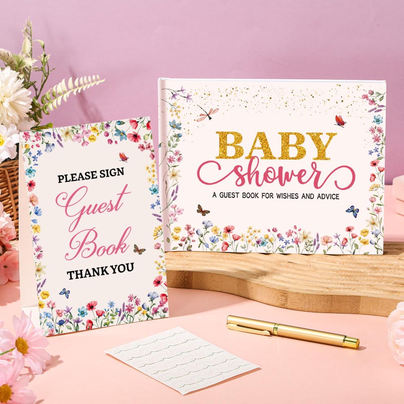 Fuyoooo Wildflower Baby Shower Guest Book Baby Shower Sign In Guest Book Reception With Sonogram Page Keepsake Includes Gold Pen Table Card And Adhesive Photo Corner For Birthday - Image 2