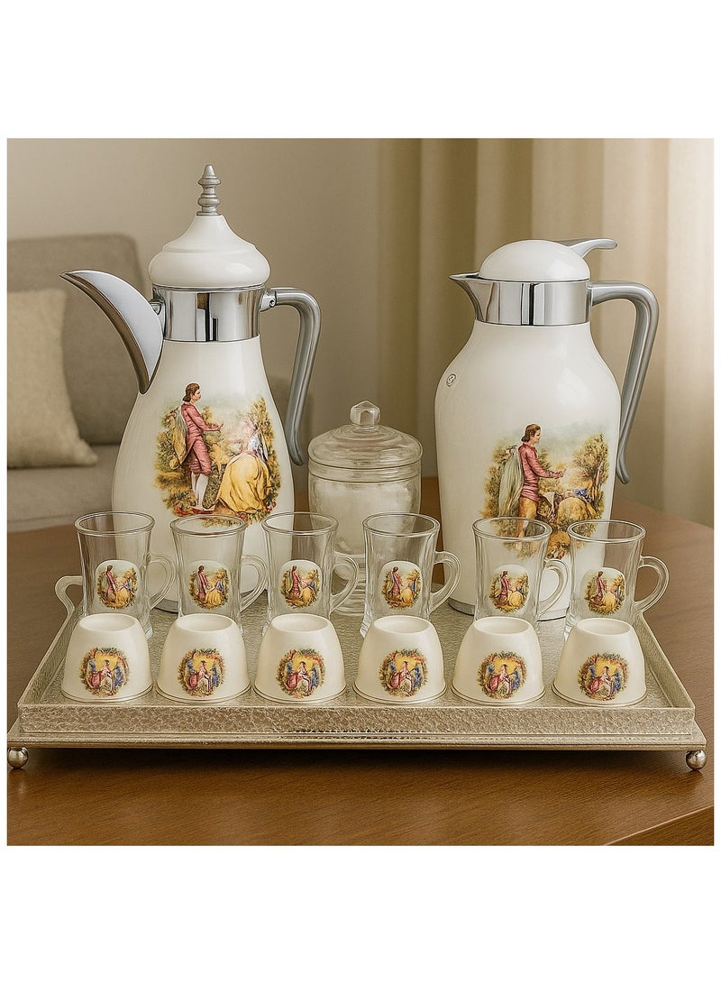 Exclusive 22 Piece Tea and Coffee Set Perfect For Ramadan Kareem 2 Thermos Flasks 6 Tea Cups With Saucers 6 Coffee Cups 1 Acrylic Tray 1 Sugar Bowl New Collection