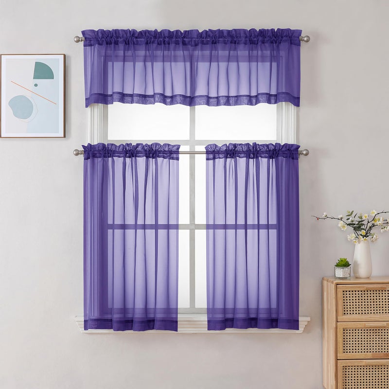 Chyhomenyc Sheer Curtains 36 inch Length 2 Panels  Light Filtering Voile Rod Pocket Short Window Sheer Curtians for Bathroom Living Room  2PCS  Purple - Image 2