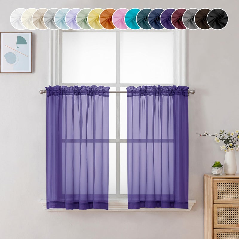 Chyhomenyc Sheer Curtains 36 inch Length 2 Panels  Light Filtering Voile Rod Pocket Short Window Sheer Curtians for Bathroom Living Room  2PCS  Purple - Image 1