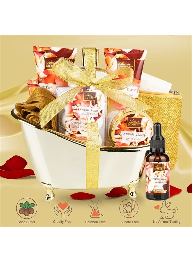 ArioseMonde طقم هدايا الحمام والجسم للنساء والرجال، 10 قطع سلة هدايا سبا برائحة الورد الطازج، تشمل جل الاستحمام، حمام الفقاعات، لوشن الجسم ومقشر، ملح الاستحمام، قنابل الاستحمام، ليفة الاستحمام، زيت الاستحمام - Image 2