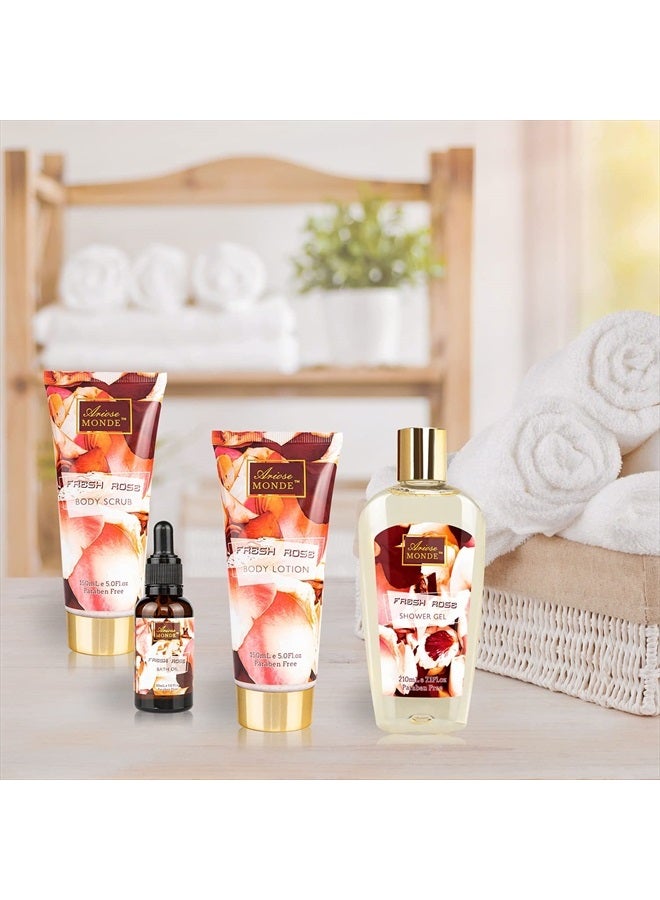 ArioseMonde طقم هدايا الحمام والجسم للنساء والرجال، 10 قطع سلة هدايا سبا برائحة الورد الطازج، تشمل جل الاستحمام، حمام الفقاعات، لوشن الجسم ومقشر، ملح الاستحمام، قنابل الاستحمام، ليفة الاستحمام، زيت الاستحمام - Image 4