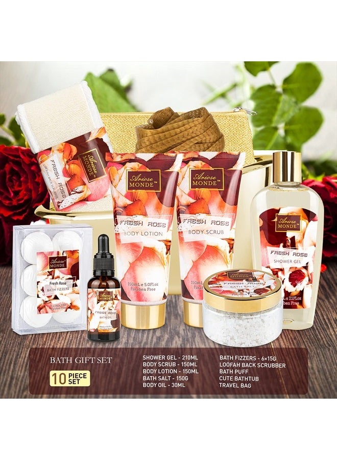 ArioseMonde طقم هدايا الحمام والجسم للنساء والرجال، 10 قطع سلة هدايا سبا برائحة الورد الطازج، تشمل جل الاستحمام، حمام الفقاعات، لوشن الجسم ومقشر، ملح الاستحمام، قنابل الاستحمام، ليفة الاستحمام، زيت الاستحمام - Image 3