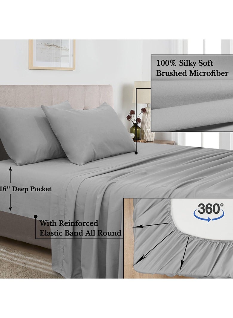 PHF 100% Polyester 4 Pieces Bed Sheets Set Super King Size, Deep Pocket up to 16 Inches Fitted Sheet, Flat Sheet and Pillowcases Set, Grey - Image 5