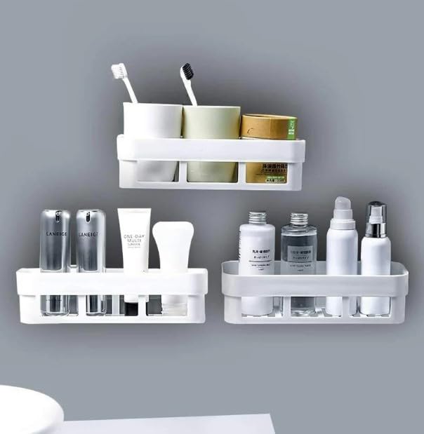 Corner Shelf Bathroom Organiser, Self-Adhesive Wall Mount, White  - Image 2