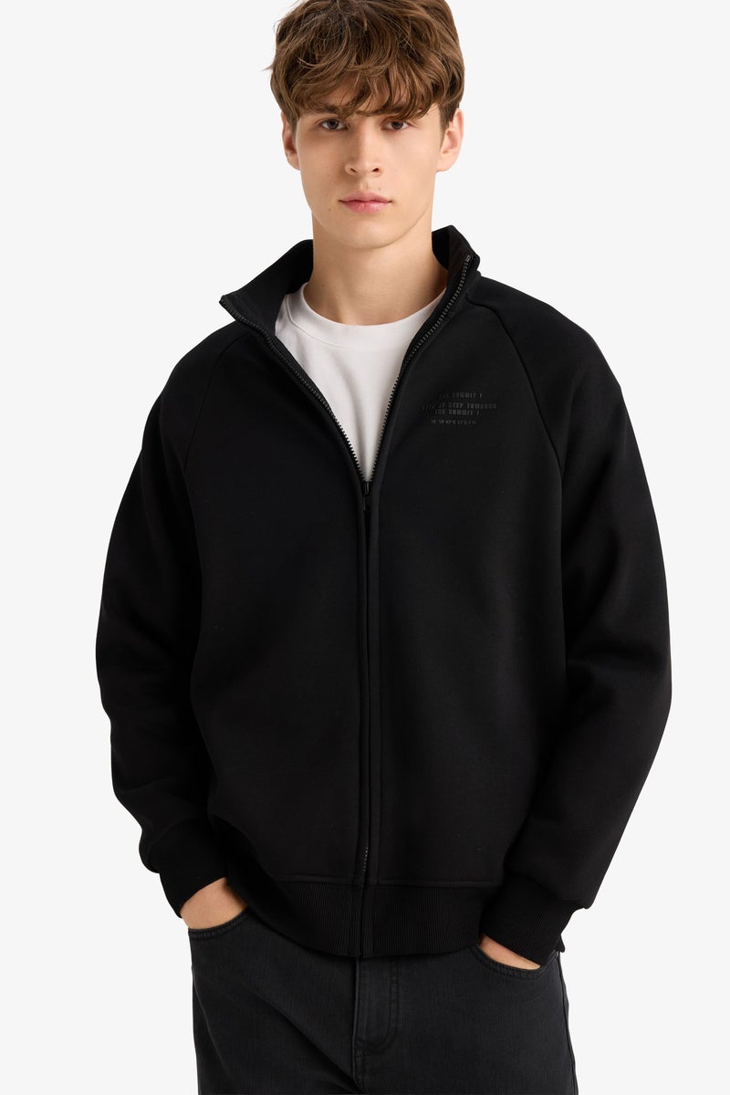 DeFacto Black Man Boxy Fit High Neck Printed Soft Hairy Inside Cardigan Casual - Image 1