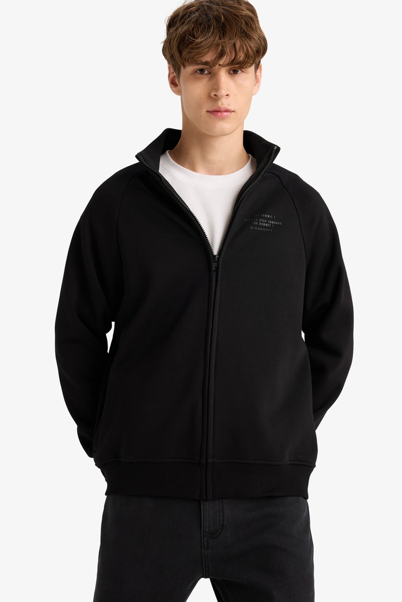 DeFacto Black Man Boxy Fit High Neck Printed Soft Hairy Inside Cardigan Casual - Image 4