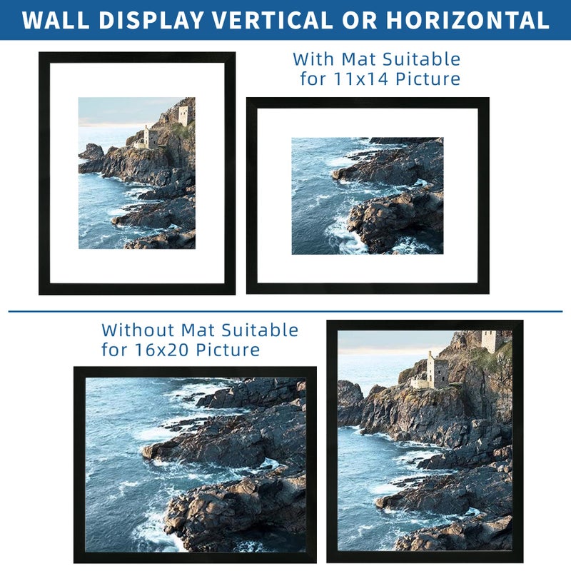 Hongkee 16x20 Frames Set of 2, Rustic Black Wood Style - Display 16 x 20 Picture without Mat or 11x14 Picture with Mat, Wall Mounting Horizontal and Vertical - Image 2