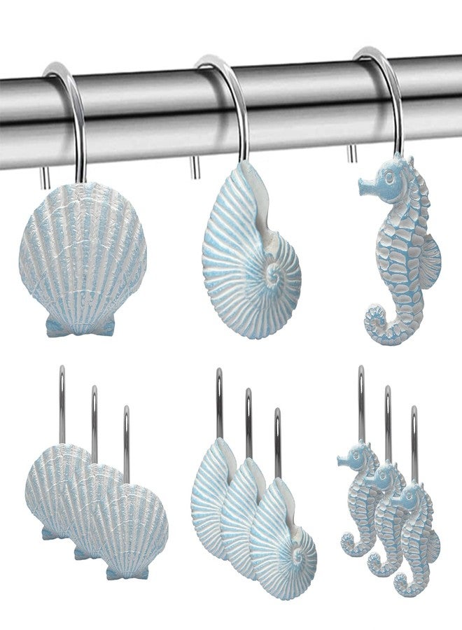 VEOOK Shower Curtain Hooks, Decorative Shower Hooks, 12-Pack Aqua Blue Resin Ocean Creature Rings for Coastal Nautical Beach Theme Bathroom Decor(CH-01) - Image 1
