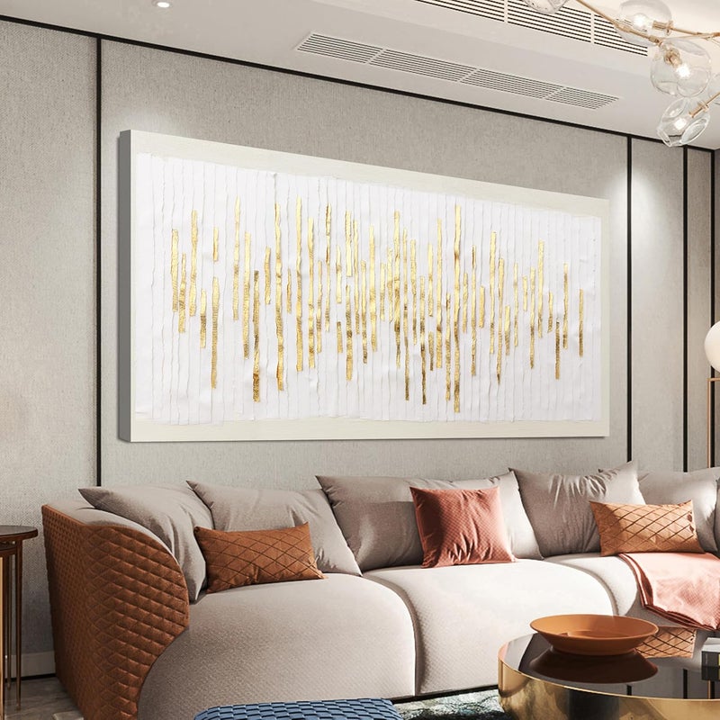 EMODA Gold & White Abstract Wall Art 60x120 cm Framed – Modern Framed Canvas Print | Large Framed Canvas Print for Living Room Bedroom Home Office Wall Decoration – Premium Quality Artwork for Modern Interior Styling - Image 1