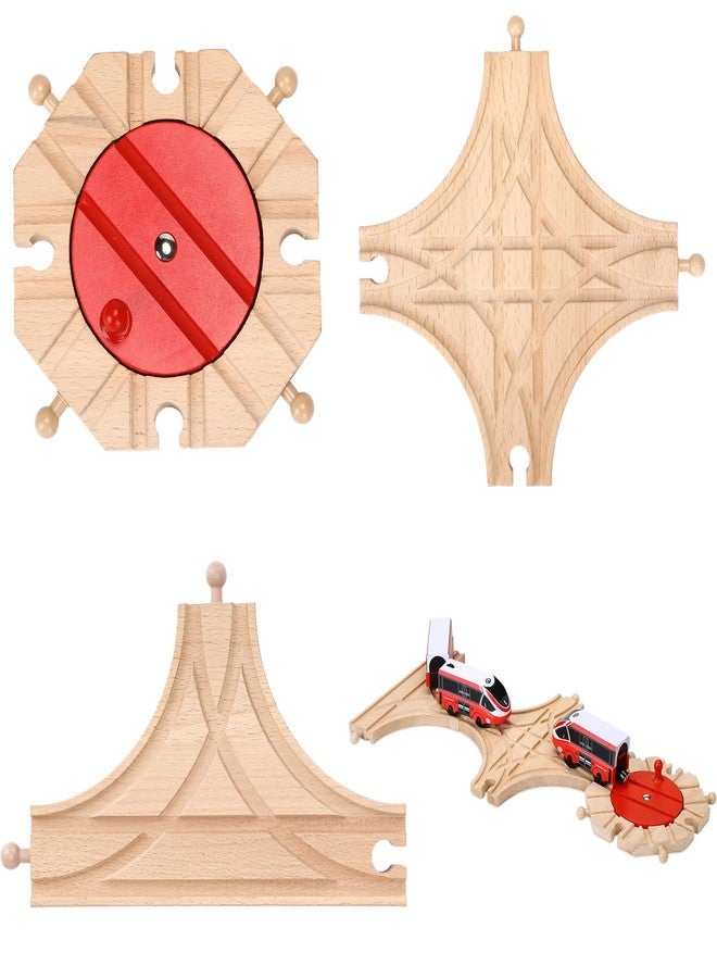 RoundFunny 3 Pcs Wooden Train Track Expansion Set Wooden Train Accessories 8 Way Wood Track Turntable, Forked Rails and Wood T Train Track Compatible with Most Railroad for Table Tabletop Activities - Image 1