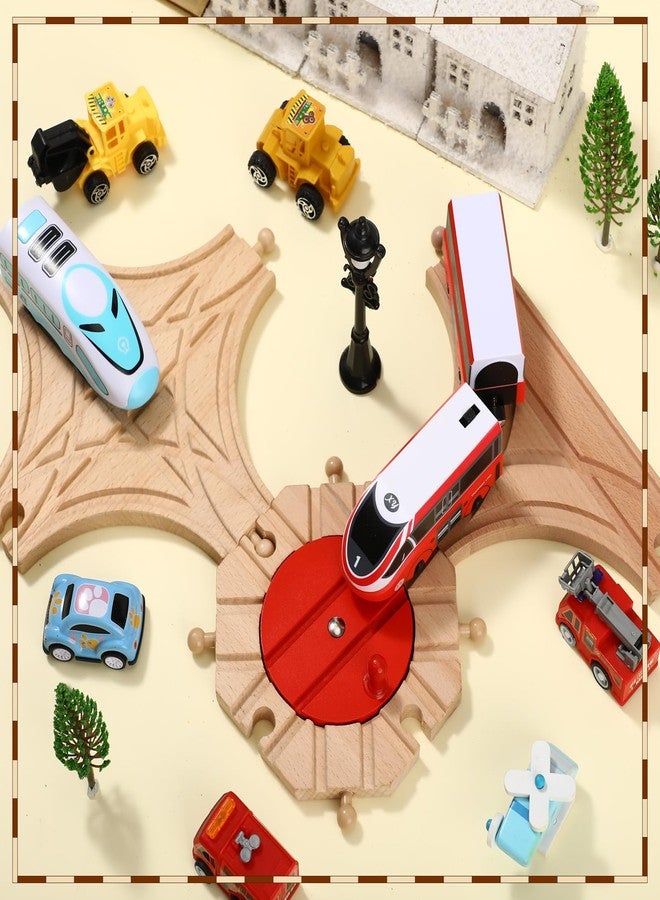 RoundFunny 3 Pcs Wooden Train Track Expansion Set Wooden Train Accessories 8 Way Wood Track Turntable, Forked Rails and Wood T Train Track Compatible with Most Railroad for Table Tabletop Activities - Image 4