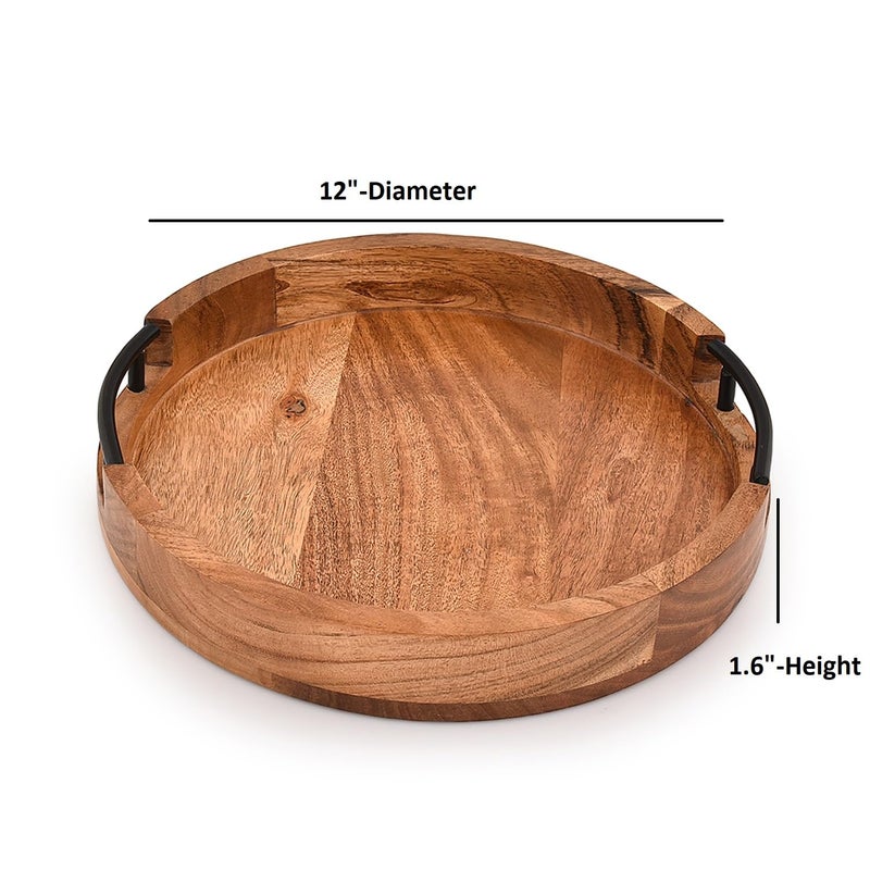 Mahasu Tray Acacia Wood Round Serving Tray with Iron Handles for Coffee Table Decor Centerpiece Kitchen Counter (12" X 12" X 1.6") - Image 2