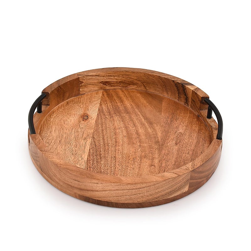 Mahasu Tray Acacia Wood Round Serving Tray with Iron Handles for Coffee Table Decor Centerpiece Kitchen Counter (12" X 12" X 1.6") - Image 1