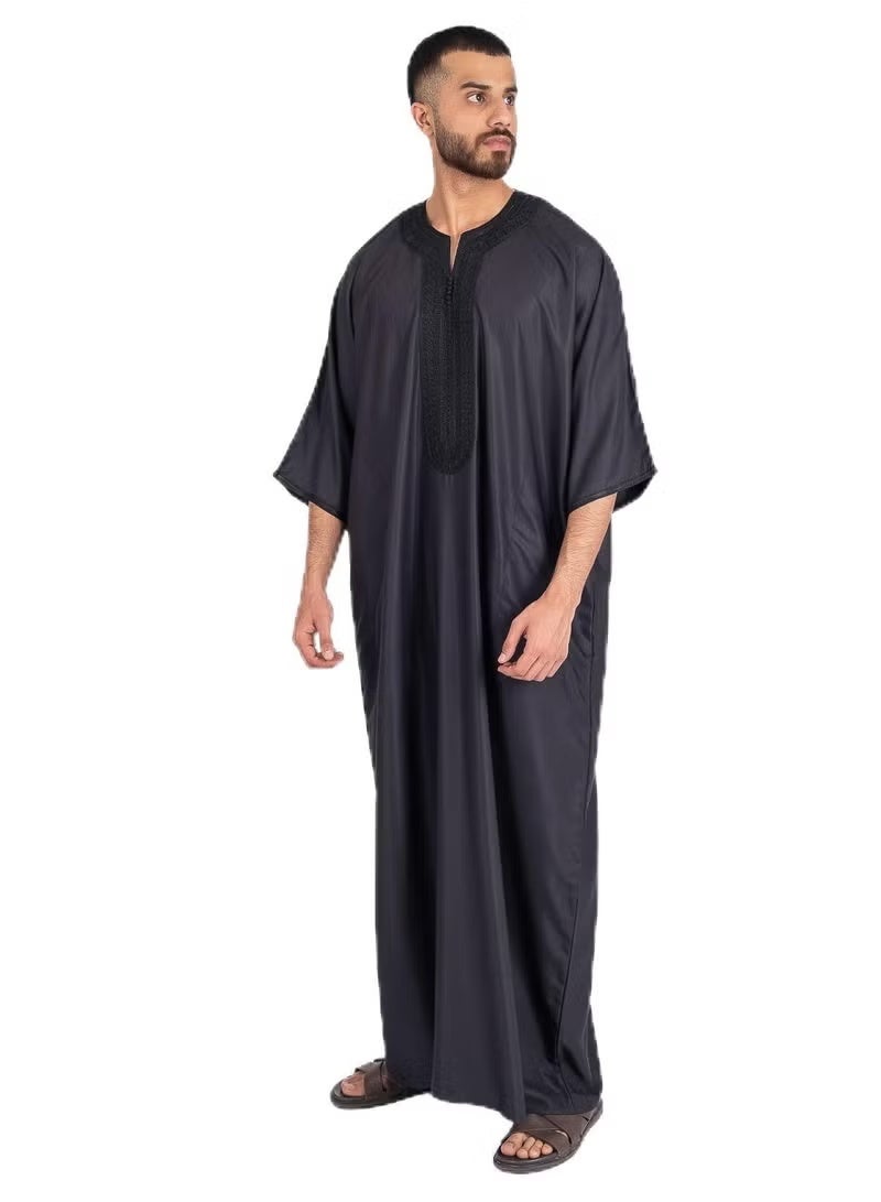 Moroccan Mens Thobe - Kaftan Embroidery Round Neck Half Sleeves Jalabiya for Men - Image 1
