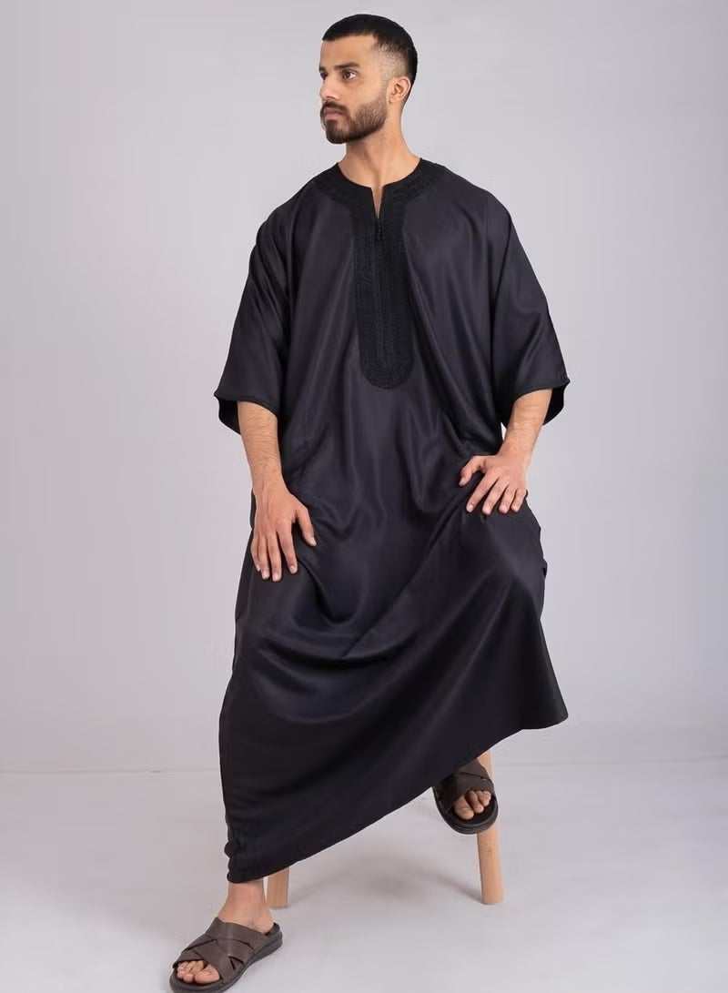 Moroccan Mens Thobe - Kaftan Embroidery Round Neck Half Sleeves Jalabiya for Men - Image 3