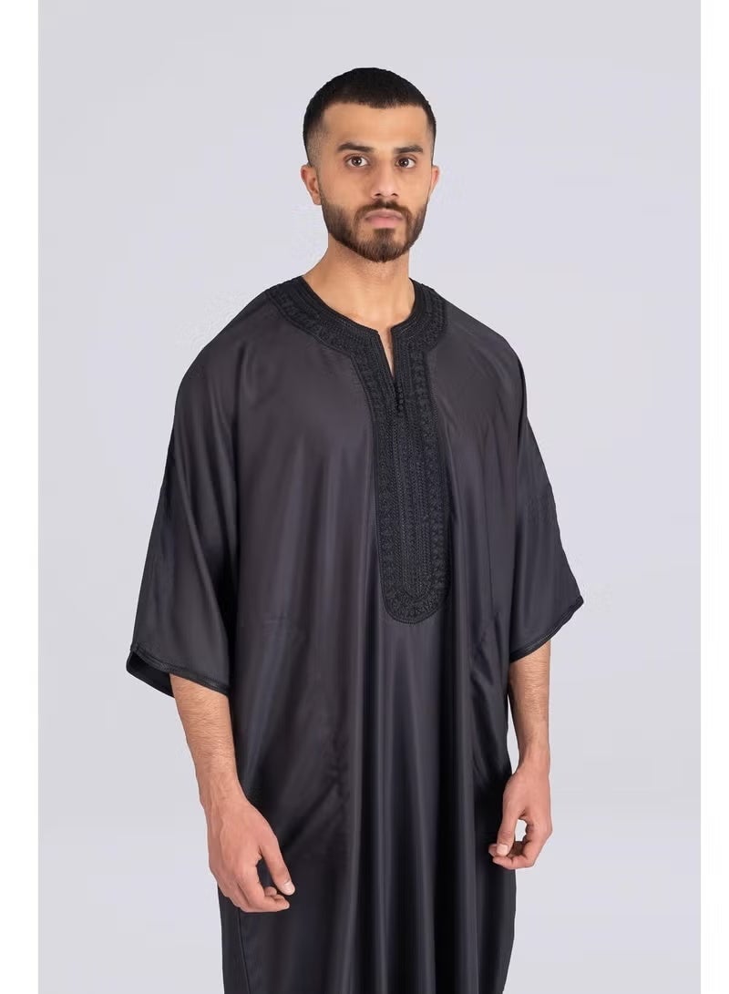 Moroccan Mens Thobe - Kaftan Embroidery Round Neck Half Sleeves Jalabiya for Men - Image 4