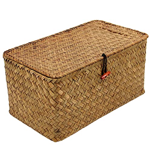 Casaphoria Large Square Sea Grass Baskets for Storage Seaweed Woven Sundries Baskets Sturdy and Durable Natural Material for Make-up with Lid Big Rectangular Seagrass Towel Baskets for Organizing - Image 1