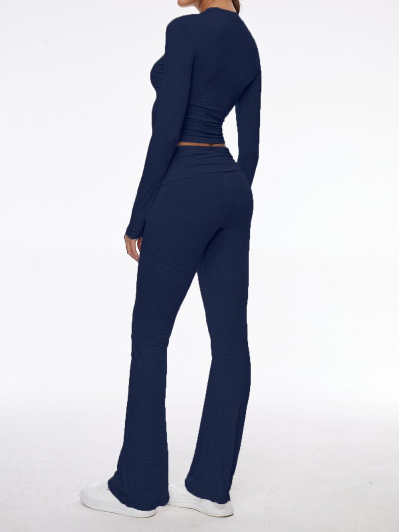 AnotherChill Women's 2 Piece Lounge Sets Fold-over Flare Pants Set Long Sleeve Cropped Top Casual Outfits Pajamas (Navy-Blue, Small) - Image 4