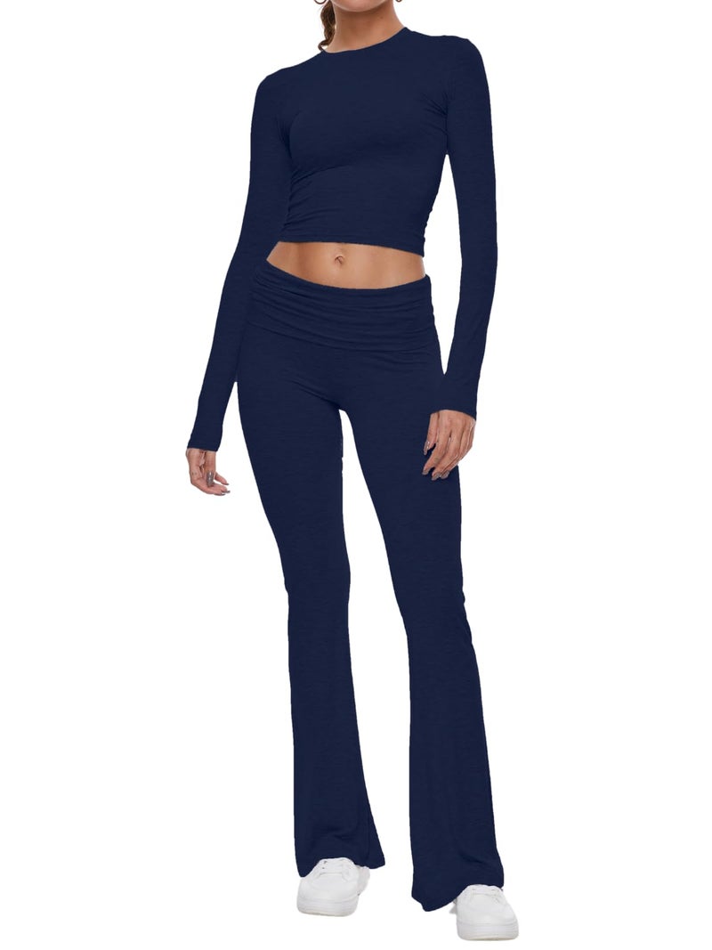 AnotherChill Women's 2 Piece Lounge Sets Fold-over Flare Pants Set Long Sleeve Cropped Top Casual Outfits Pajamas (Navy-Blue, Small) - Image 1