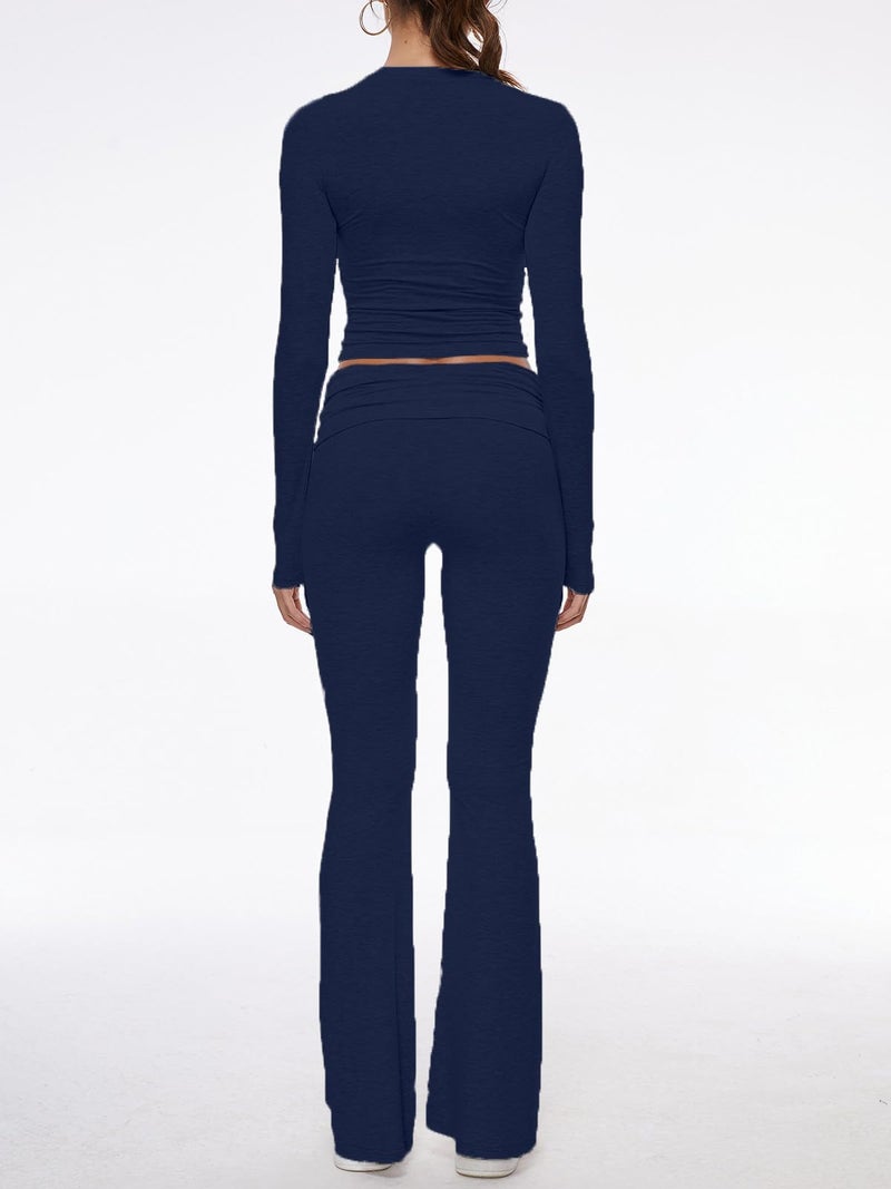 AnotherChill Women's 2 Piece Lounge Sets Fold-over Flare Pants Set Long Sleeve Cropped Top Casual Outfits Pajamas (Navy-Blue, Small) - Image 3
