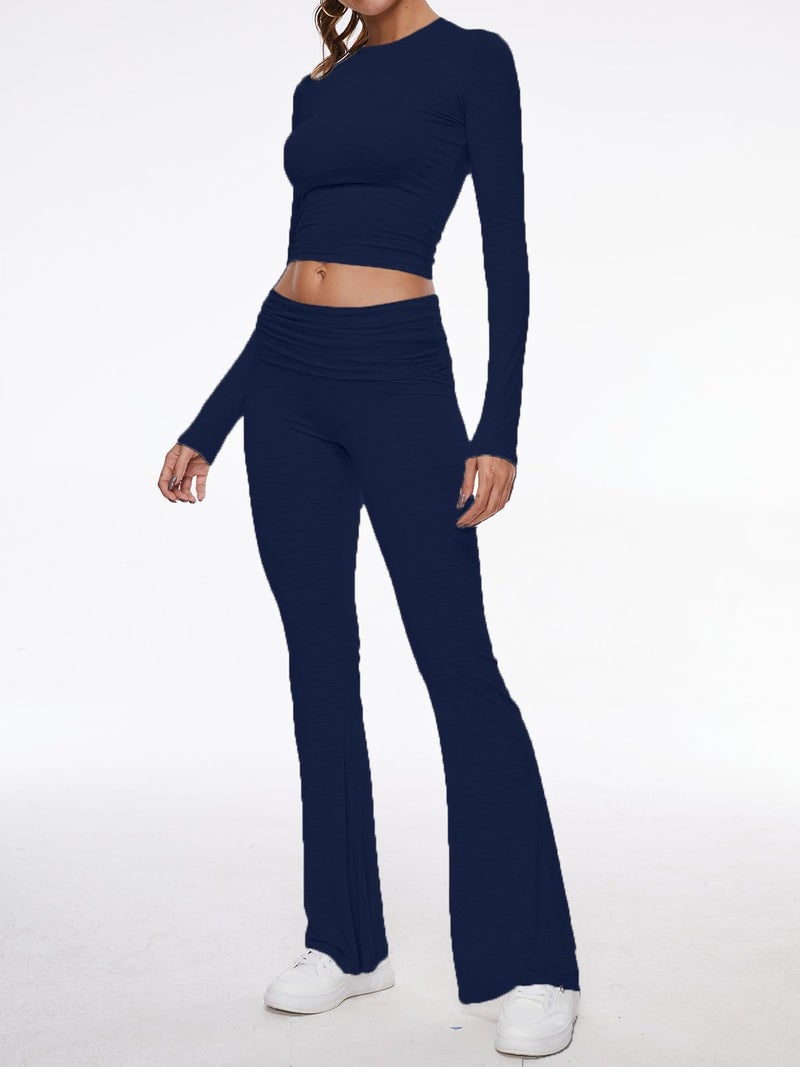 AnotherChill Women's 2 Piece Lounge Sets Fold-over Flare Pants Set Long Sleeve Cropped Top Casual Outfits Pajamas (Navy-Blue, Small) - Image 2