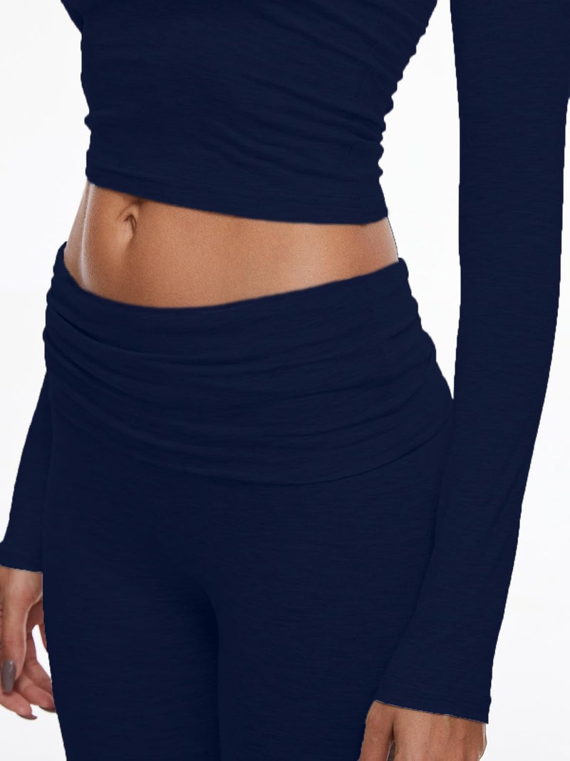 AnotherChill Women's 2 Piece Lounge Sets Fold-over Flare Pants Set Long Sleeve Cropped Top Casual Outfits Pajamas (Navy-Blue, Small) - Image 5