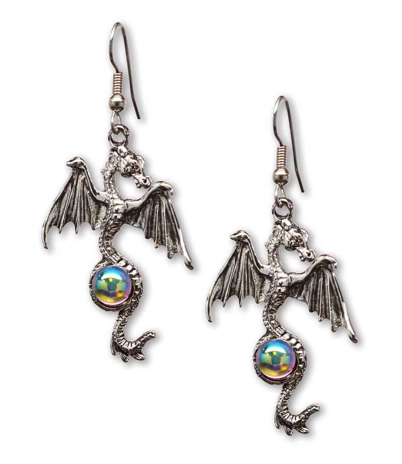 Real Metal Gothic Dragon Dangle Earrings Silver Finish Pewter Mystical Jewelry - Image 1