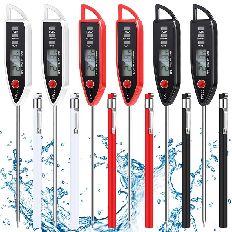 Copkim 6 Set Waterproof Food Thermometer for Water, Liquid, Candle and Cooking Digital Meat Thermometer with Long Probe Instant Read Thermometer for Kitchen BBQ Grill Candy (Black, White, Red) - Image 1
