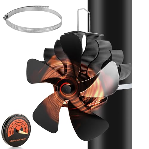 PYBBO Heat Powered Wood Stove Fan, 5 Blades Pipe Fireplace Fan, Silent Operation Motors Thermal Stove Fan for Wood Burning Stove/Pellet/Log/Gas Burner with Magnetic Thermometer - Image 1