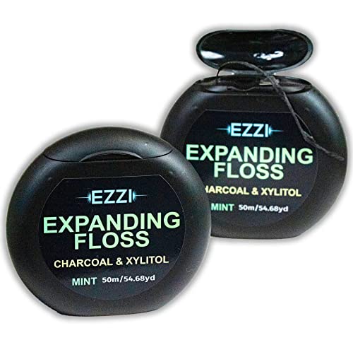 EZZI Woven Expanding Dental Floss Fluffy Textured wCharcoal Xylitol to Optimally Clean Gums Mint Thick 109 Yards