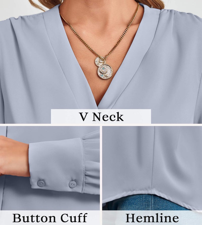 Flowyair Women's Business Casual Tops Summer Long Sleeve Silk Button Down Shirts V Neck Chiffon Blouses - Image 5