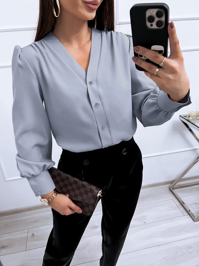 Flowyair Women's Business Casual Tops Summer Long Sleeve Silk Button Down Shirts V Neck Chiffon Blouses - Image 3