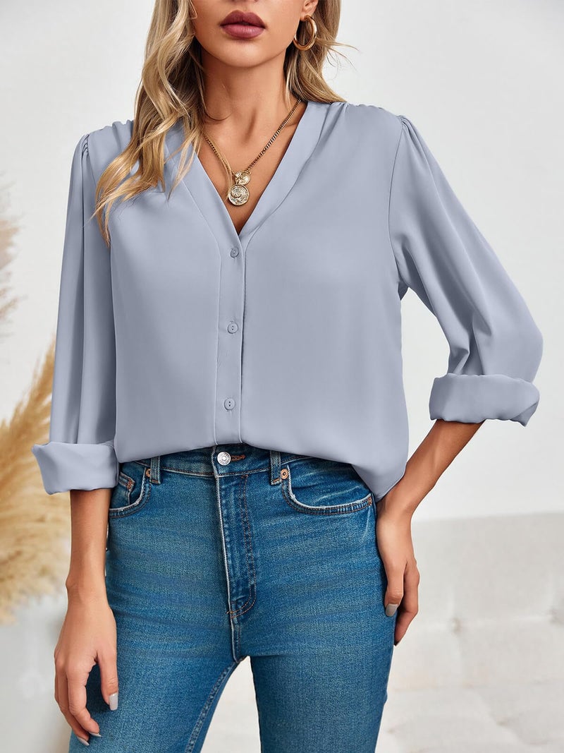 Flowyair Women's Business Casual Tops Summer Long Sleeve Silk Button Down Shirts V Neck Chiffon Blouses - Image 4