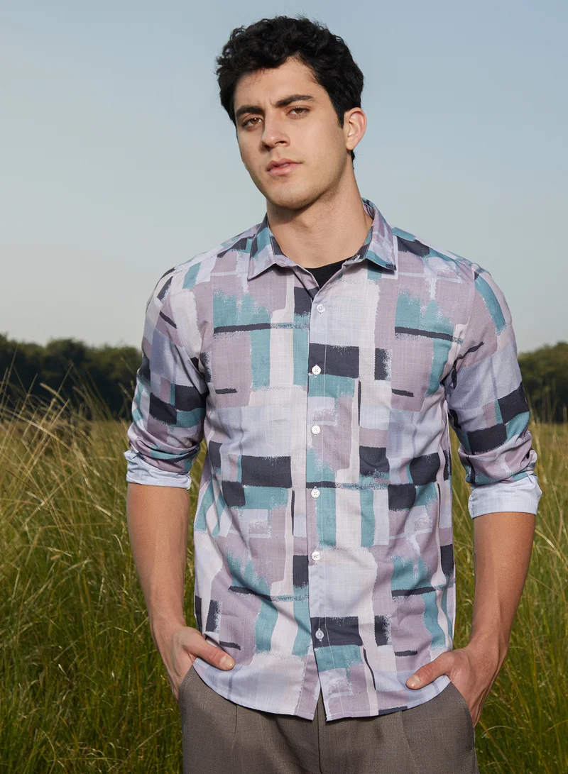 كامبوس سوترا قميص رجالي بتصميم متداخل باللون الرمادي والنيلي